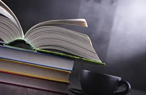 Composition With Books Prints: Composition with books and cup of coffee on the table