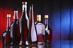 Alcoholic Beverage Arrangement Prints: Composition with bottles of assorted alcoholic beverages