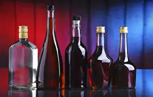 Bar Setup Ideas Prints: Composition with bottles of assorted alcoholic beverages
