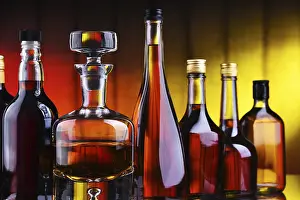 Empty Bar Scene Prints: Composition with bottles of assorted alcoholic beverages