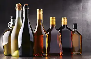 Bar Setup Ideas Prints: Composition with bottles of assorted alcoholic beverages