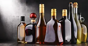 Deserted Bar Scene Prints: Composition with bottles of assorted alcoholic beverages