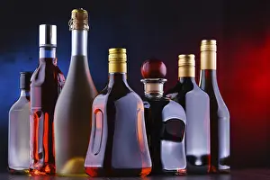 Alcoholic Beverage Display Prints: Composition with bottles of assorted alcoholic beverages