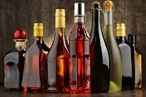 Decanter Arrangement Prints: Composition with bottles of assorted alcoholic beverages