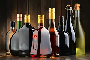 Whisky Bottles Arrangement Prints: Composition with bottles of assorted alcoholic beverages