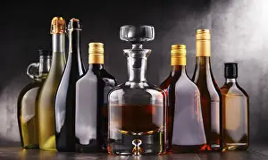 Whisky Bottles Arrangement Prints: Composition with bottles of assorted alcoholic beverages