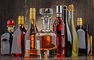 Whisky Bottles Arrangement Prints: Composition with bottles of assorted alcoholic beverages