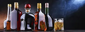 Assorted Alcoholic Beverages Prints: Composition with bottles of assorted alcoholic beverages