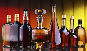 Bar Setup Ideas Prints: Composition with bottles of assorted alcoholic beverages
