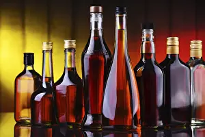 Alcoholic Beverage Arrangement Prints: Composition with bottles of assorted alcoholic beverages