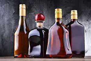 Alcoholic Beverage Arrangement Prints: Composition with bottles of assorted alcoholic beverages