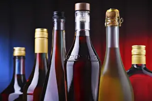 Deserted Bar Setup Prints: Composition with bottles of assorted alcoholic beverages