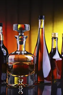 Bar Setup Ideas Prints: Composition with bottles of assorted alcoholic beverages