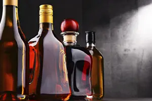 Bar Setup Ideas Prints: Composition with bottles of assorted alcoholic beverages