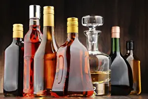 Whisky Bottles Arrangement Prints: Composition with bottles of assorted alcoholic beverages