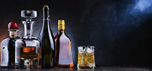 Alcoholic Beverage Arrangement Prints: Composition with bottles of assorted alcoholic beverages