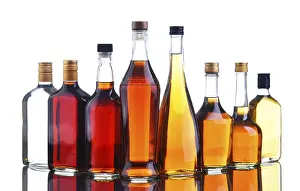 Alcoholic Beverage Display Prints: Composition with bottles of assorted alcoholic beverages
