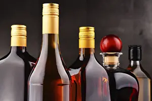 Distilled Spirits Showcase Prints: Composition with bottles of assorted alcoholic beverages