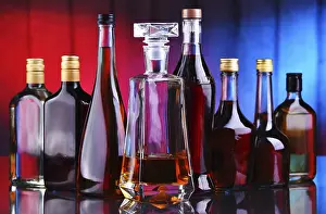 Bar Setup Ideas Prints: Composition with bottles of assorted alcoholic beverages