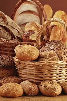 Breakfast Meal Setup Prints: Composition with bread and rolls in wicker basket