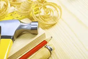 Handicraft Industry Prints: Composition of carpentry tools on pine boards