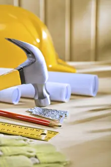 Construction Industry Tools Prints: Composition of carpentry tools on woden table