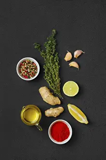 Food Photography Cutout Prints: Composition with condiments on black background