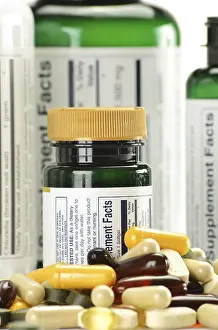 Medical Care Products Prints: Composition with dietary supplement capsules and containers