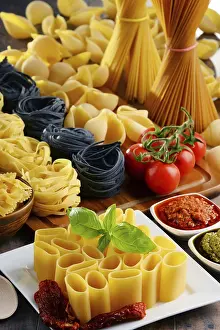 Pasta Composition Prints: Composition with different sorts of pasta on kitchen table