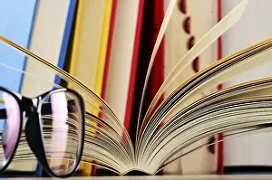 Deserted Library Table Prints: Composition with glasses and books on the table