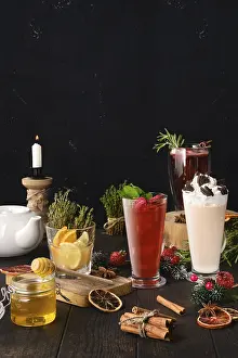 Fruit Tea Ingredients Prints: Composition with herbal and fruit tea with ingredients on the table