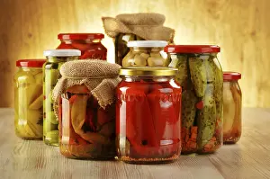 Vegetable Nutrition Facts Prints: Composition with jars of pickled vegetables