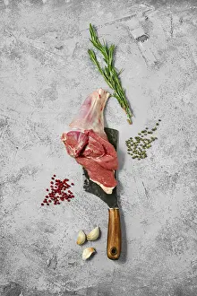 Lamb Food Photography Prints: Composition with raw uncooked lamb leg