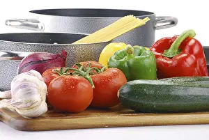 Nutritionally Balanced Meal Prints: Composition with raw vegetables and spaghetti