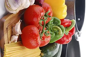 Nutritious Breakfast Meal Prints: Composition with raw vegetables and spaghetti