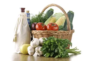 Deserted Kitchen Still Life Prints: Composition with raw vegetables and wicker basket