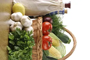 Breakfast Meal Setup Prints: Composition with raw vegetables and wicker basket