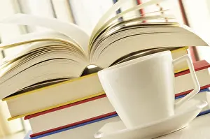 Educational Institution Scene Prints: Composition with stack of books and cup of coffee