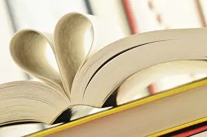 Educational System Symbolism Prints: Composition with stack of books and pages formed in a shape of heart