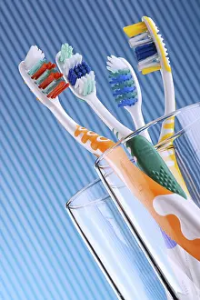Hygienic Bathroom Scene Prints: Composition with four toothbrushes