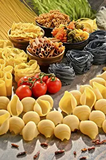 Kitchen Table Setup Prints: Composition with variety of pasta on kitchen table