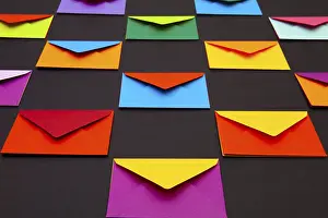 Glazed Tile Background Image Prints: Composition with white and colored envelopes on the table