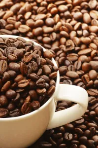 Hot Beverage Photography Prints: Composition with white cup and coffee beans
