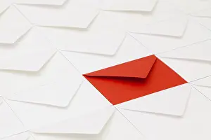 Empty Office Desk Setup Prints: Composition with white envelopes and one red envelope on the table