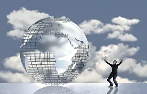 Environmental Awareness Image Prints: Computer graphics, man in front of globe with clouds