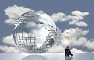 Climate Protection Image Prints: Computer graphics, thoughtful man in front of globe with clouds