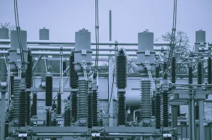Energy Supply Infrastructure Prints: Concept of electricity and power generation using the example of insulators and devices in a substation