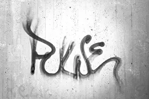 Prints of Concrete wall texture with graffiti. Word pulse written on a gray rough wall. Youth communication. Ideal for concepts and backgrounds Abstract Art Prints: Concrete Wall Texture with Graffiti Print