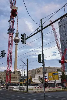 German Television Towers Prints: Construction cranes in front of television tower