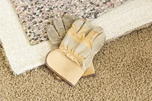 Construction Gloves Prints: Construction gloves on pulled back carpet and underlay in room